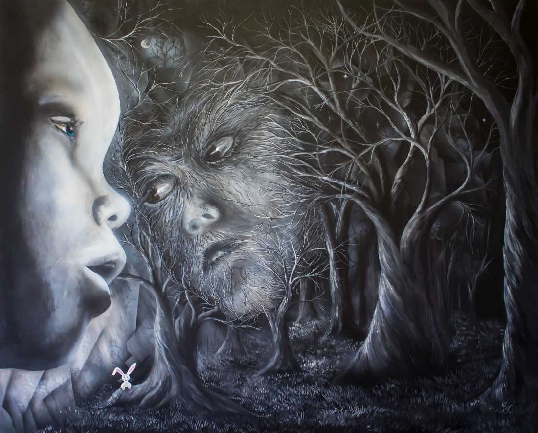 Conny Krakowski, Harvey (Surrealismus, Traum, Magie, Esoterik, Baum, Traumbaum,Lebensbaum,Geburt,Leben,Sterben,Wege, Lebensweg, Phantasie,Fantasie,Realismus,Malerei,Gemläde,detaiiert,Traumbild,Traumlandschaft,Landschaftsmalerei,Träumerei,Wasserfall,Berge,Wolken,)