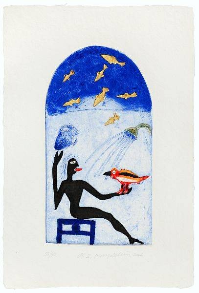 Waydelich Raymond Homme tenant oiseau (Aquagravure, handsigniert) (Modern, figurativ, Fantasie, Fische, Vogel, Mensch, surreal, Grafik, Malerei, Original, signiert, Wohnzimmer,)