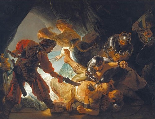 Rembrandt van Rijn, Die Blendung Simsons. 1636. (Öl auf Leinwand,Städel Museum,Frankfurt am Main,1606-1669,Rembrandt van Rijn,Rembrandt van Rijn,17. Jahrhundert,Altes Testament,Dalila,Delilah,Gewalt,Historienmalerei,Samson,Simson,Bibel,Triumph,Messer,Dolch,Auge,ausstechen,verletzen,Verletzung,Soldat,Rüs)