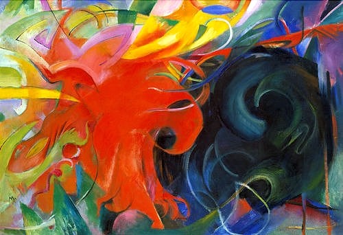 Franz Marc, Kämpfende Formen. 1914 (Öl auf Leinwand,1880-1916,Marc,Franz,München,Pinakothek der Moderne,Franz Marc,20. Jahrhundert,kampf,abstrakte kunst,Wirbel,rot,Aggression,abstrakt,expressionistisch, Bayerische Staatsgemäldesammlungen)