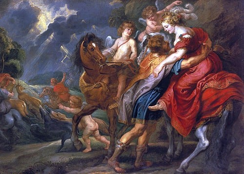 Jan van den Hoecke, Dido und Aeneas. (Städel Museum,Frankfurt am Main,Lwd.,Hoecke,Jan van den (?),1611-1651,Peter Paul Rubens,17. Jahrhundert,16. Jahrhundert,Dido,Aeneas,Mythologie,Paar,Liebe,Pferd,reiten,Putte,Gewitter, Städel Museum)
