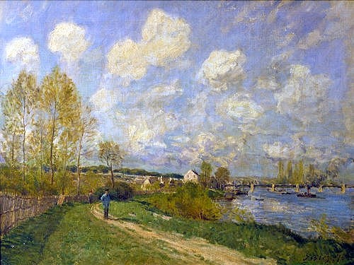 Alfred Sisley, Sommerlandschaft bei Bougival. 1876 (Landschaft, Landschaftsmalerei, Sommer, Seine, Fluss, Spaziergang, Wanderweg, Frankreich, Idylle, Wohnzimmer, Treppenhaus, Impressionismus, Klassische Moderne, Malerei, Wunschgröße, bunt)