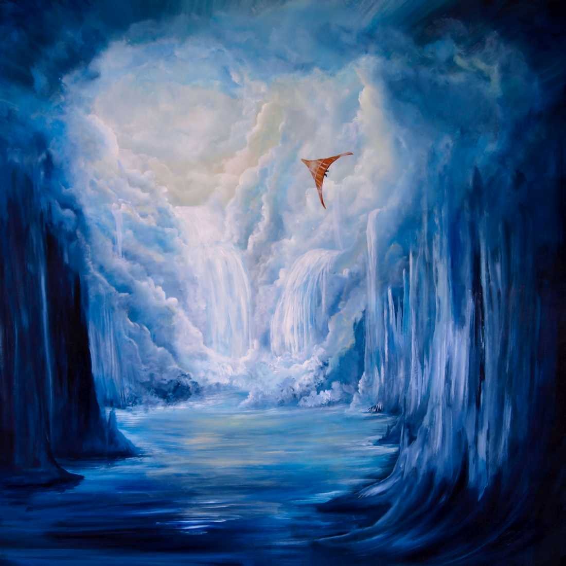 Conny Krakowski, Heimflug (Surrealismus, Traum, Magie, Esoterik, Baum, Traumbaum,Lebensbaum,Geburt,Leben,Sterben,Wege, Lebensweg, Phantasie,Fantasie,Realismus,Malerei,Gemläde,detaiiert,Traumbild,Traumlandschaft,Landschaftsmalerei,Träumerei,Wasserfall,Berge,Wolken,)