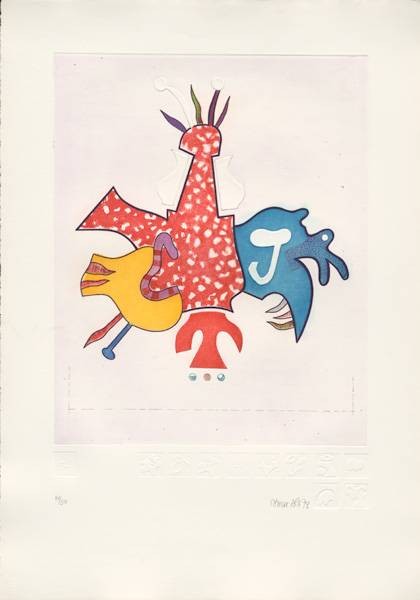 Alt Otmar Fantasiewesen mit Fühler A (1974) (Radierung 49/50) (Fantasiewesen, Flügel, Fühler, figurativ, amorphe Form, modern, Wohnzimmer, Treppenhaus, Grafik, zeitgenössisch, Original, signiert, bunt)