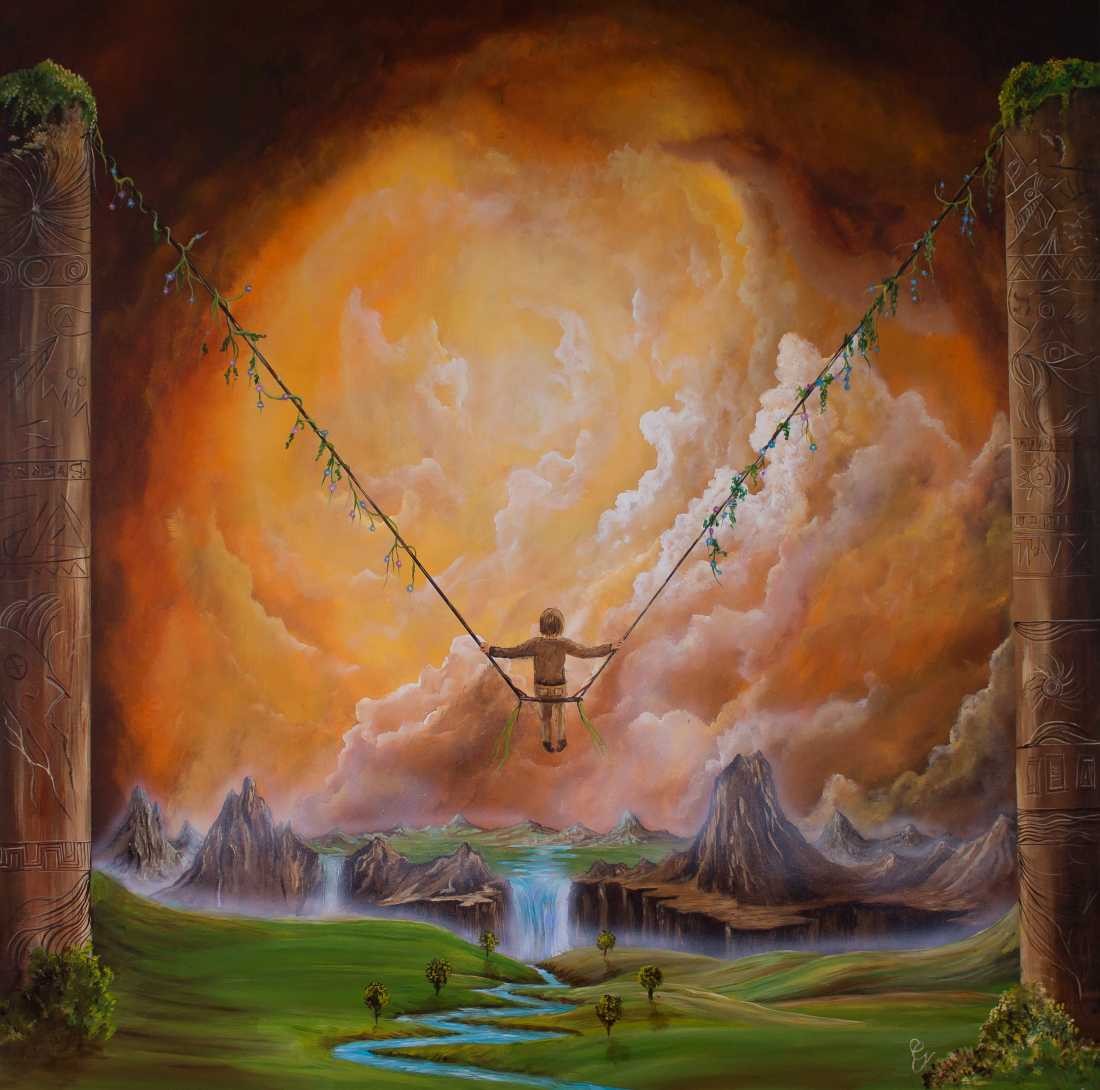 Conny Krakowski, Hoch hinaus (Surrealismus, Traum, Magie, Esoterik, Baum, Traumbaum,Lebensbaum,Geburt,Leben,Sterben,Wege, Lebensweg, Phantasie,Fantasie,Realismus,Malerei,Gemläde,detaiiert,Traumbild,Traumlandschaft,Landschaftsmalerei,Träumerei,Wasserfall,Berge,Wolken,)