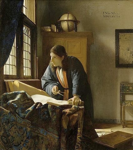 Jan Vermeer van Delft, Der Geograph. 1669 (flämisch,Barock,Goldenes Zeitalter,17. Jahrhundert,1632-1675,Vermeer van Delft,Jan,Lwd.,Städel Museum,Frankfurt am Main,Jan Vermeer van Delft,17. Jahrhundert,Geograph,Zirkel,Wissenschaftler,Globus,Studierzimmer,Fenster,nachdenken,Bildnis,Portrait, Städel)