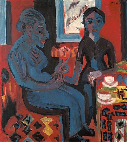 Ernst Ludwig Kirchner, Bäuerin mit Kind. (München,Pinakothek der Moderne,Kirchner,Ernst Ludwig,1880-1938,Ernst Ludwig Kirchner,Deutschland,deutsch,Expressionismus,deutscher Expressionismus,19. Jahrhundert,20. Jahrhundert,expressiv,Primitivismus,Bäuerin,Kind,Frau,Frauen,Tisch,Tasse,Tassen,Generati)