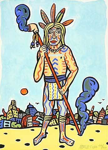 Götze Moritz City Indian (30) (Original-Lithografie, signiert und nummeriert) (Indianer, Kriegsbemalung,  Freidenspfeife, Stadt, Gebäude, Anachronismus, Original, signiert, Grafik, Wohnzimmer, bunt)