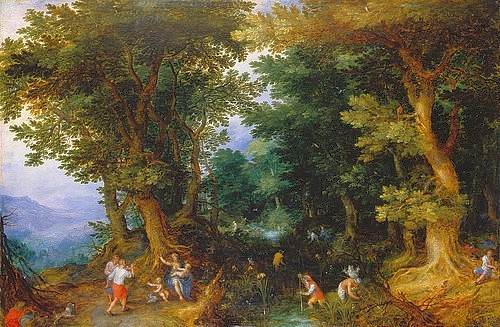 JAN BRUEGHEL DER ÄLTERE, Die Verspottung der Latona. 1601. (Städel Museum,Frankfurt am Main,Brueghel d.Ä.,Jan,1568-1625,Holz,Brueghel,Jan Brueghel d.Ä.,Jan Brueghel,Brueghel der Ältere,16. Jahrhundert,17. Jahrhundert,Landschaft,Wald,Waldlandschaft,Verspottung,Latona,Leto,Mythologie,Bäume,Sumpf,Frosch,Frösche,Verwa)