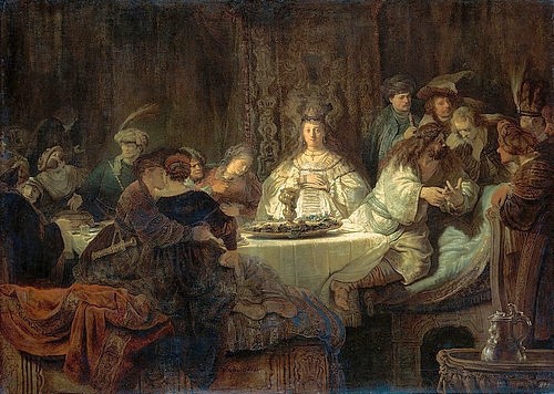 Rembrandt van Rijn, Simson gibt den Hochzeitsgästen das Rätsel auf. 1638 (Rembrandt van Rijn,1606-1669,Lwd.,Öl auf Leinwand,17. Jahrhundert,Barock,Dresden,Gemäldegalerie,Rembrandt van Rijn,17. Jahrhundert,flämisch,Barock,flämischer Barock,Holland,holländisch,Niederlande,niederländisch,Religion,Bibel,Alte Testament,Simson,Hochze)