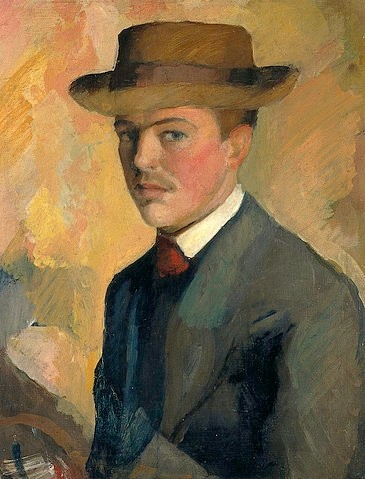 August Macke, Selbstbildnis mit Hut. 1909 (Rückseitig männl. Portraitstudie). (Dauerleihgabe aus Privatbesitz,Öl auf Holz,1887-1914,Macke,August,Bonn,Städtisches Kunstmuseum,August Macke,1909,Impressionismus,deutscher Impressionismus,20. Jahrhundert,Selbstportrait,Mann,Hut,Anzug,Blauer Reiter)