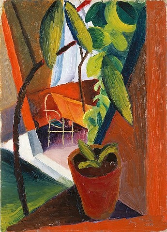 August Macke, Blick ins Gartenhaus. 1914. (Öl/Malkarton,Macke,August,Bonn,Städtisches Kunstmuseum,1887-1914,August Macke,Blauer Reiter,Expressionismus,deutscher Expressionismus,20. Jahrhundert,Gartenhaus,Topfpflanze,Pflanze)