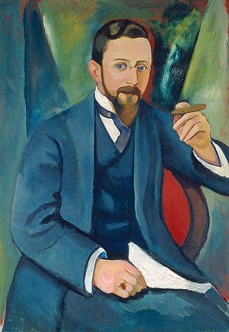 August Macke, Portrait des Schriftstellers E. A. Greeven 1911. (Dauerleihgabe der Stiftung Kunst der Sparkasse in Bonn,Öl auf Leinwand,1887-1914,Macke,August,Bonn,Städtisches Kunstmuseum,Macke,August Macke,20. Jahrhundert,Expressionismus,Porträt,Portrait,Schrifsteller,E. A. Greeven,Greeven,Blau,Anzug,Bart,Brille,Zigar)