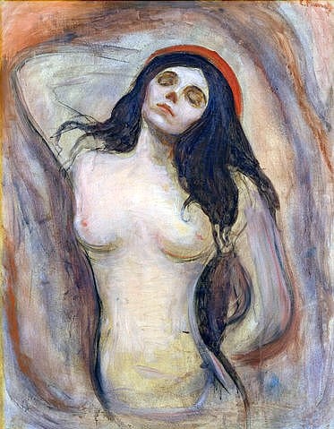 Edvard Munch, Madonna. 1894 (Hamburg,Kunsthalle,Munch,Edvard,1863-1944,Öl auf Leinwand,19. Jahrhundert,Edvard Munch Allegorie Akt Frau 19. Jahrhundert 20 Jahrhundert Sünde Madonna sinnlich Sinnlichkeit Maria erotisch Erotik Jungfrau verführerisch geschlossene Augen langhaarig Express)