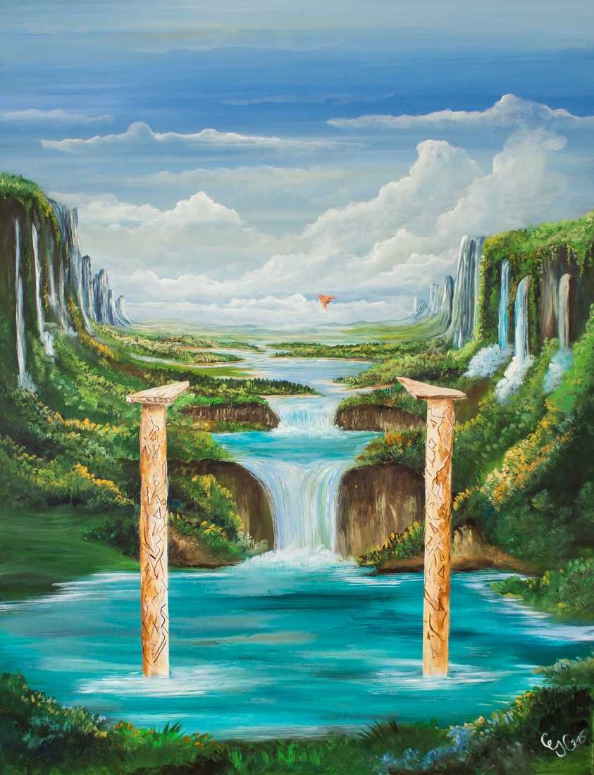 Conny Krakowski, Gestützter Neustart (Surrealismus, Traum, Magie, Esoterik, Baum, Traumbaum,Lebensbaum,Geburt,Leben,Sterben,Wege, Lebensweg, Phantasie,Fantasie,Realismus,Malerei,Gemläde,detaiiert,Traumbild,Traumlandschaft,Landschaftsmalerei,Träumerei,Wasserfall,Berge,Wolken,)