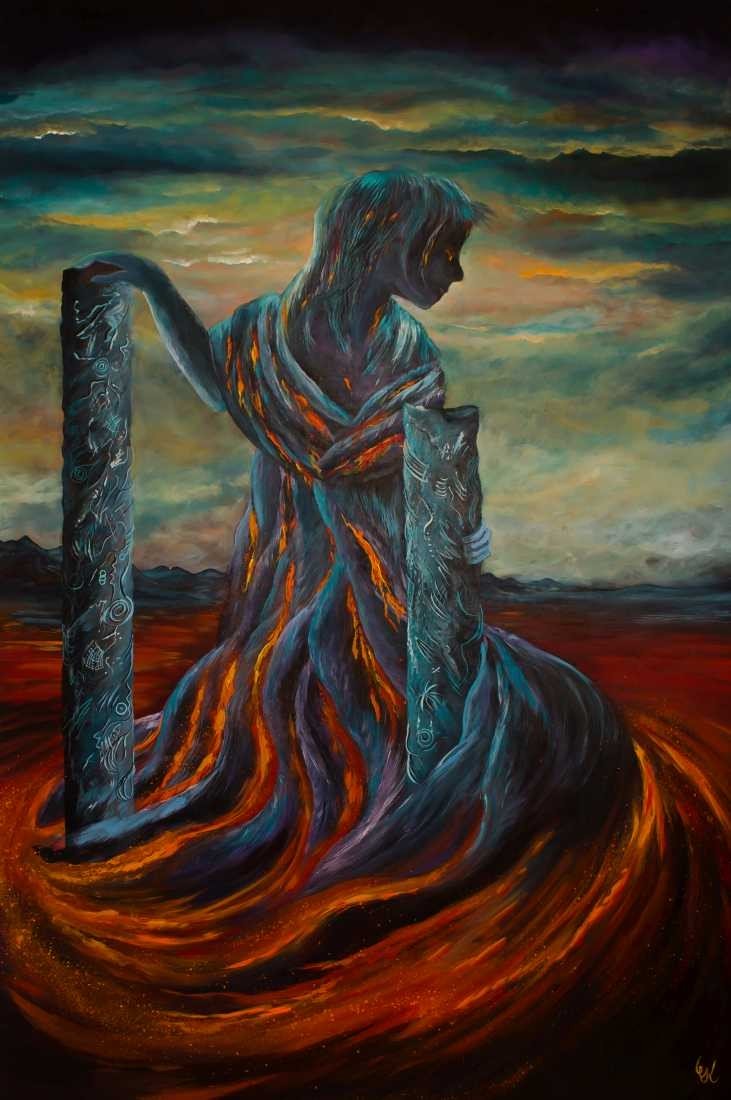 Conny Krakowski, Gezügelte Wut (Surrealismus, Traum, Magie, Esoterik, Baum, Traumbaum,Lebensbaum,Geburt,Leben,Sterben,Wege, Lebensweg, Phantasie,Fantasie,Realismus,Malerei,Gemläde,detaiiert,Traumbild,Traumlandschaft,Landschaftsmalerei,Träumerei,Wasserfall,Berge,Wolken,)