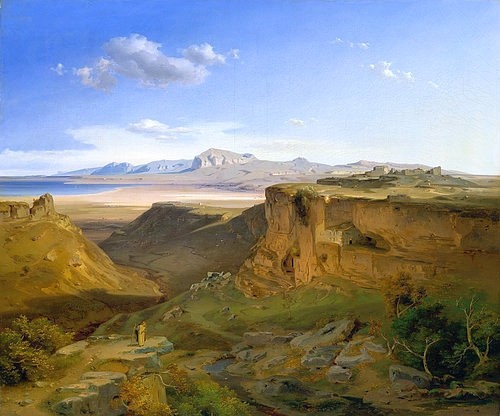 Carl Rottmann, Sikyon mit Korinth. 1836/1838 (Landschaftsmalerei, Berge, Gebirge, Horizont, Griechenland, mythisch, episch, heroisch, Antike, Malerei, Romantik, Klassiker, Wunschgröße, Wohnzimmer, bunt)