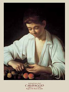 Michelangelo Caravaggio, Ragazzo che sbuccia un frutto (Offset) (Junge, weißes Hemd, Obst, schälen, Früchte, Klassiker, Barock, Esszimmer, Wohnzimmer, Malerei, bunt)