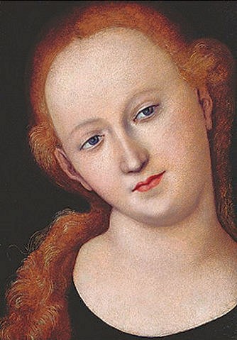 LUCAS CRANACH Der Ältere, Ein rotblondes Mädchen (Kopf). (Portrait, junges Mädchen,  Bildnis, rothaarig, hohe Stirn, Klassiker, Renaissance, Wunschgröße, Wohnzimmer)