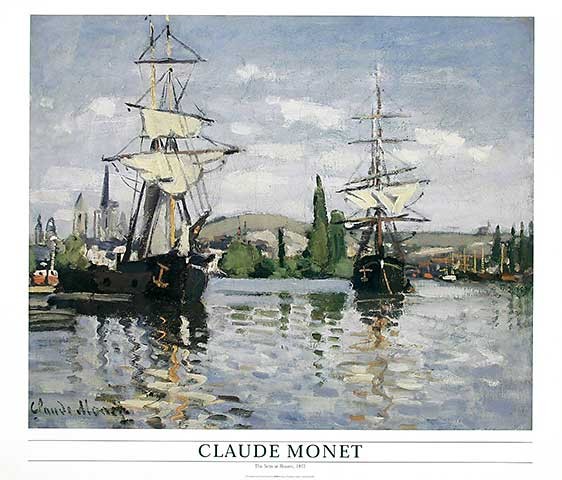 Claude Monet, The Sein at Rouen, 1872 (Offset) (Impressionismus, Malerei, Landschaft, Fluss, Seine,  Segelboote, Treppenhaus, Wohnzimmer, bunt, Klassiker)
