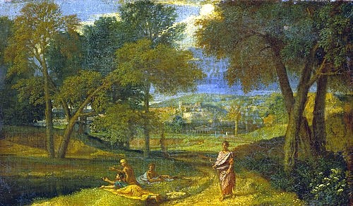 Jean-Francois I Millet, Südliche Landschaft mit ruhenden Figuren an einem See. (Landschaft, Landschaftsmalerei, idealisiert, Bäume, Personen, Rast, Pause, Ausruhen, Müßiggang, Realismus, Wohnzimmer, Klassiker, Malerei,   Wunschgröße, bunt)