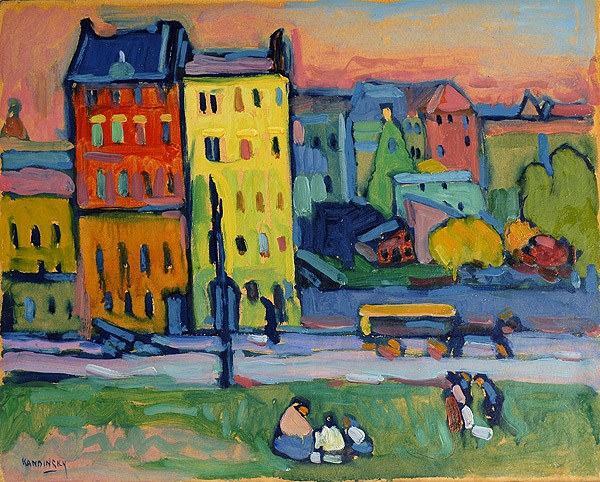 Wassily Kandinsky, Houses in Munich (Klassische Moderne, Malerei, Expressionismus, Srädte, München, Architektur, Häuser, Straße, Fuhrwerk, Wiese, Feierabend, Farbflächen, Wohnzimmer, Treppenhaus, Arztpraxis, bunt)