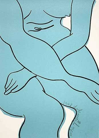 Dokoupil Jiri Georg Blue Nude (30) (Originallithographie, signiert und nummeriert) (Akt, Aktzeichnung, Frau, Oberkörper, Beine, linear, Original, signiert, Wohnzimmer, blau)