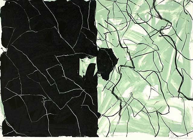 Mandrup Peter O.T.  grün (30) (Originallithographie, signiert und nummeriert) (Abstrakt, modewrn, Farbfelder, Linien, Struktur, brüchig, Bruchstück, Original, signiert, Wohnzimmer, Treppenhaus, Büro, schwarz/grün)