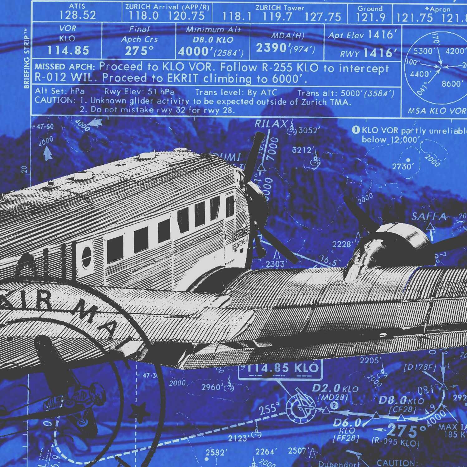 Peter Sander, Flugreise  (Flugzeug, Propeller, Nostalgie,   Berge, Fotokunst, Popart,  modern, illustrativ, Wunschgröße, Treppenhaus, Wohnzimmer,)