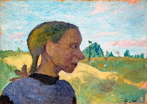 Paula Modersohn-Becker, Mädchenbildnis im Profil vor Landschaft. 1901 (Städel Museum,Frankfurt am Main,Modersohn-Becker,Paula,1876-1907,Öl/Silberfolie mit Pappe,Paula Modersohn-Becker,20. Jahrhundert,Mädchen,Bildnis,Portrait,Landschaft,Profil,Nase,Pferdeschwanz,Worpswede, Städel Museum,Brustbild)