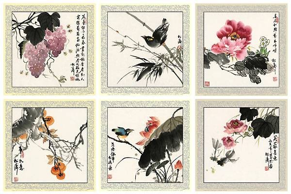 China Gao Songtao Glück und Freude 6 Blatt (Offset) (Asiatische Kunst, Blüten, Blütenzweig,  Vogel, Aquarell, chinesische Schriftzeichen, Schlafzimmer, Treppenhaus, Wohnzimmer, bunt)