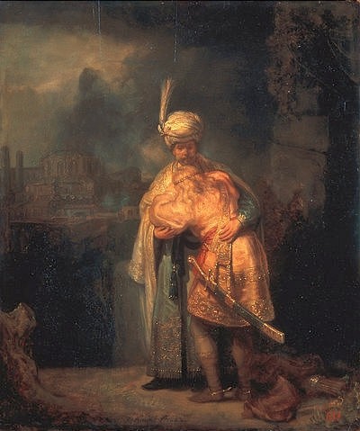 Rembrandt van Rijn, Davids Abschied von Absalom (Jonathan?). 1642 (Rembrandt van Rijn,1606-1669,St. Petersburg,Eremitage,Öl auf Holz,Altes Testament,David,Absalom,Gefühl,Rembrandt van Rijn,rembrandt,17. Jahrhundert,abschied,Jonathan)
