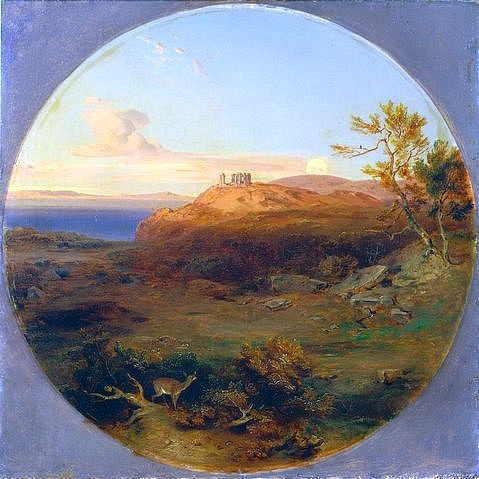 Carl Rottmann, Griechische Landschaft auf der Insel Aegina. (Landschaftsmalerei, Hügel, Küste, Ruine, Temple, Griechenland, mythisch, episch, heroisch, Antike, Malerei, Romantik, Klassiker, Wunschgröße, Tondo, Wohnzimmer, bunt)