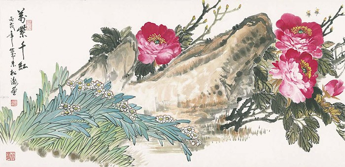 Songtao China Gao, Glückliche Kindertage I (Asiatische Kunst, Blüten, Blütenzweig,  Aquarell, chinesische Schriftzeichen, Schlafzimmer, Treppenhaus, Wohnzimmer, bunt)