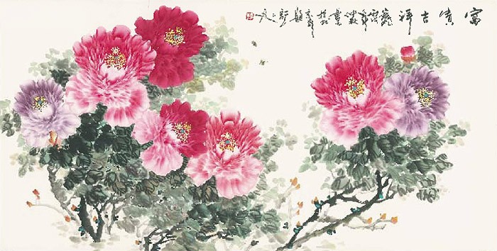 Ji An China Shen, Eleganz, Beautiful Life (Asiatische Kunst, Blüten, Blütenzweig, Blütenpracht, Aquarell, chinesische Schriftzeichen, Schlafzimmer, Treppenhaus, Wohnzimmer, bunt)