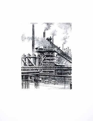 Bruck  Hochofenwerk (Radierung, s/w) (Industrie, Fabrik, Schornsteine, Nostalgie, Grafik, Wohnzimmer, Bibliothek, Treppenhaus, Original, schwarz/weiß)