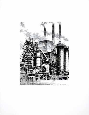 Bruck  Industriewerk (Radierung, s/w) (Industrie, Fabrik, Hochofen, Schornsteine, Nostalgie, Grafik, Wohnzimmer, Bibliothek, Treppenhaus, Original, schwarz/weiß)