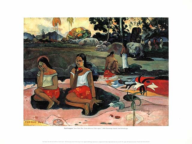 Paul Gauguin, Nave Nave Moe (Landschaft, Tahiti, Ethnik, Frauen, Ruhe, Schlaf, Müdigkeit, Wohnzimmer, Schlafzimmer, Klassische Moderne, Impressionismus, Malerei,  bunt)