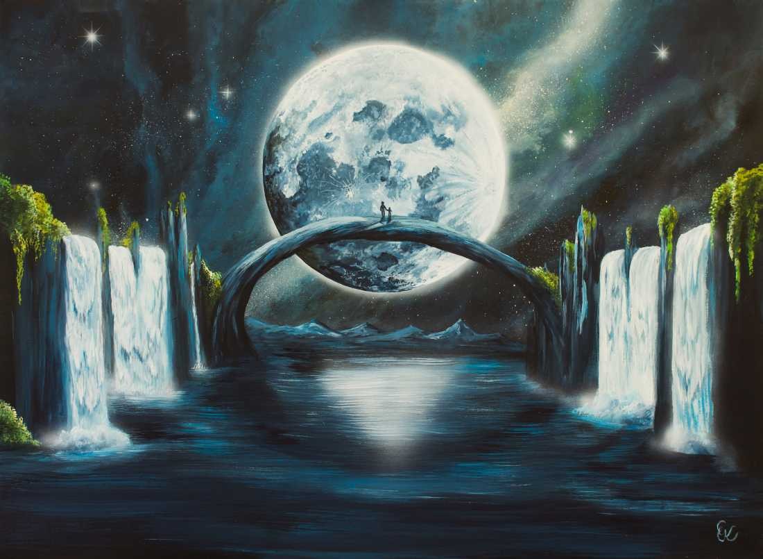 Conny Krakowski, Ich zeige dir die Welt (Surrealismus, Traum, Magie, Esoterik, Baum, Traumbaum,Lebensbaum,Geburt,Leben,Sterben,Wege, Lebensweg, Phantasie,Fantasie,Realismus,Malerei,Gemläde,detaiiert,Traumbild,Traumlandschaft,Landschaftsmalerei,Träumerei,Wasserfall,Berge,Wolken,)