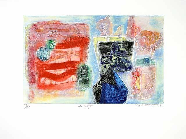 Hasegawa Shoichi Le Cirque (30) (Radierung, handsigniert) (Abstrakt, abstrakte Formen, figurativ, diffus, zeitgenössisch, Original, Grafik, signiert, Wohnzimmer)
