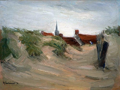 Max Liebermann, Dünen von Katwijk. 1890. (Liebermann,Max,1847-1935,Privatbesitz,Öl auf Holz,Max Liebermann,19. Jahrhundert,Katwijk,Düne,Dorf,Kirchturm,Sand)