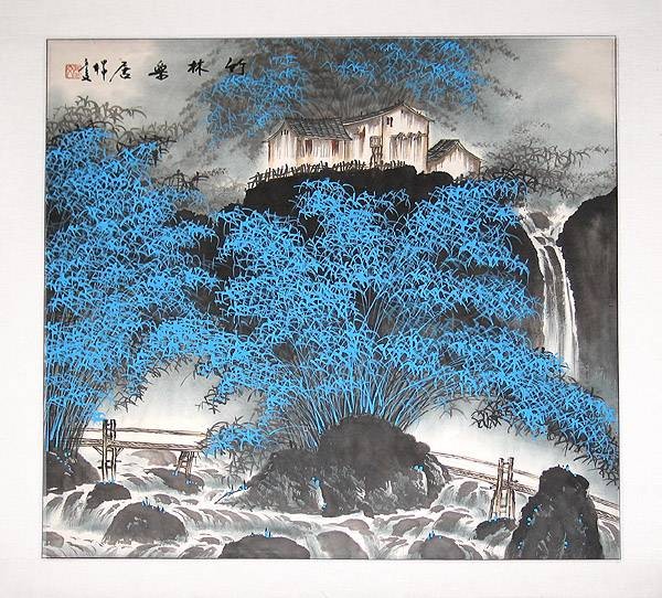 Gu Jian Liang China Holzbrücke und blaue Blumen (Tusche) (Landschaft, Asien, China, Bäume, Wasserfall, Idylle, Brücke, Schriftzeichen, Oroginal, Grafik, Wohnzimmer, Treppenhaus, Esszimmer, blau/grau)