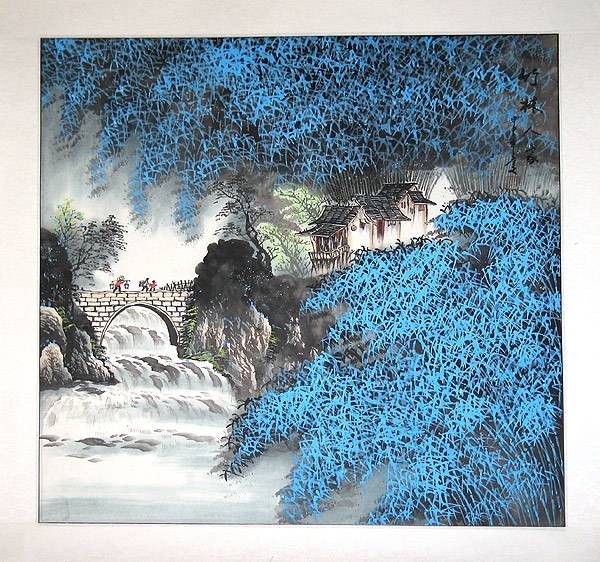 Gu Jian Liang China Steinbrücke und blaue Blumen (Tusche) (Landschaft, Asien, China, Bäume, Wasserfall,Kaskaden, Idylle, Brücke, Oroginal, Grafik, Wohnzimmer, Treppenhaus, Esszimmer, blau/grau)