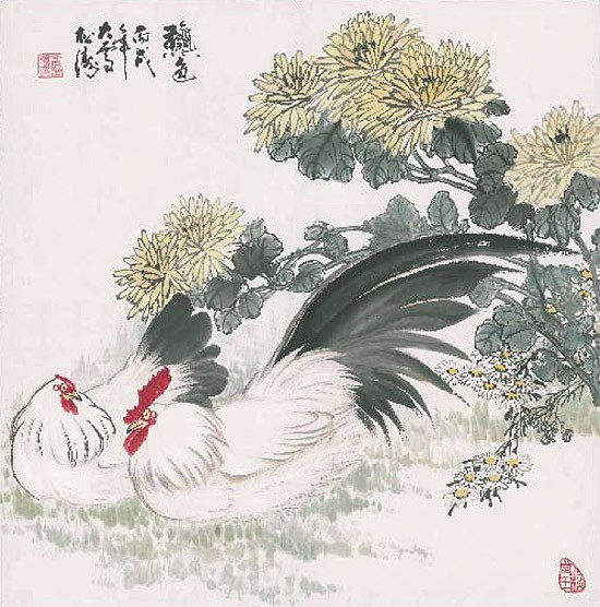 Songtao China Gao, Zu Zweit (Asiatische Kunst, Huhn, hahn, Geflügel, Blüten, Schutz,  Aquarell, chinesische Schriftzeichen, Schlafzimmer, Treppenhaus, Wohnzimmer, bunt)