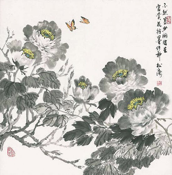 Songtao China Gao, Ungeschminkt-auch ohne Farbe schön (Asiatische Kunst, Blüten, Bläter, üppiger Ast, Schmetterlinge, Aquarell, chinesische Schriftzeichen, Schlafzimmer, Treppenhaus, Wohnzimmer, bunt)