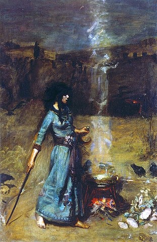 John William Waterhouse, Studie zu 'Der Magische Kreis'. (Christie's Images Ltd,Waterhouse,John William,1849-1917,John William Waterhouse,20. Jahrhundert,19. Jahrhundert,Hexe,Kreis,magisch,Lagerfeuer,Nacht,Magie,Zauberei,zaubern,Stab,Rauch,Frau,Präraffaeliten,Feuer)