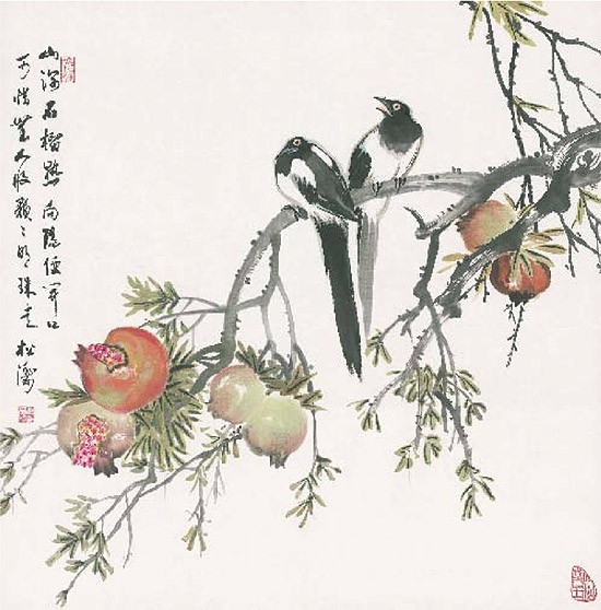 Songtao China Gao, Erntezeit (Asiatische Kunst, Beeren, Nadelbaum, Vögel, Äste,  Aquarell, chinesische Schriftzeichen, Schlafzimmer, Treppenhaus, Wohnzimmer, bunt)