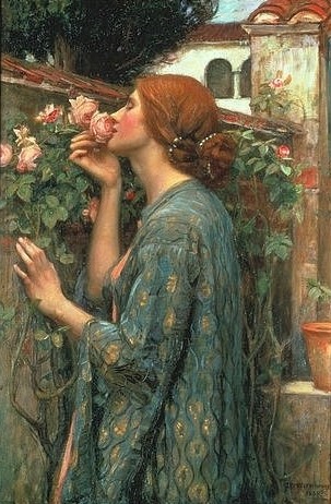 John William Waterhouse, Die Seele der Rose. 1908 (19. Jahrhundert,Öl auf Leinwand,1849-1917,Waterhouse,John William,Christie's Images Ltd,John William Waterhouse,20. Jahrhundert,19. Jahrhundert,Rose,Rosen,Seele,Duft,riechen,Mauer,Garten,Frau,Geruchsinn,Präraffaeliten)