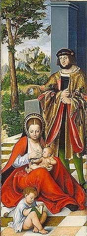 LUCAS CRANACH Der Ältere, Die Heilige Sippe (sog. Torgauer Altar). Linker Flügel: Maria Kleophas und Alphäus. 1509 (Maria Kleophas, Kinder, stillen, Mutter, Heilige Sippe, Familie, Klassiker, Renaissance, Wunschgröße, Wohnzimmer)