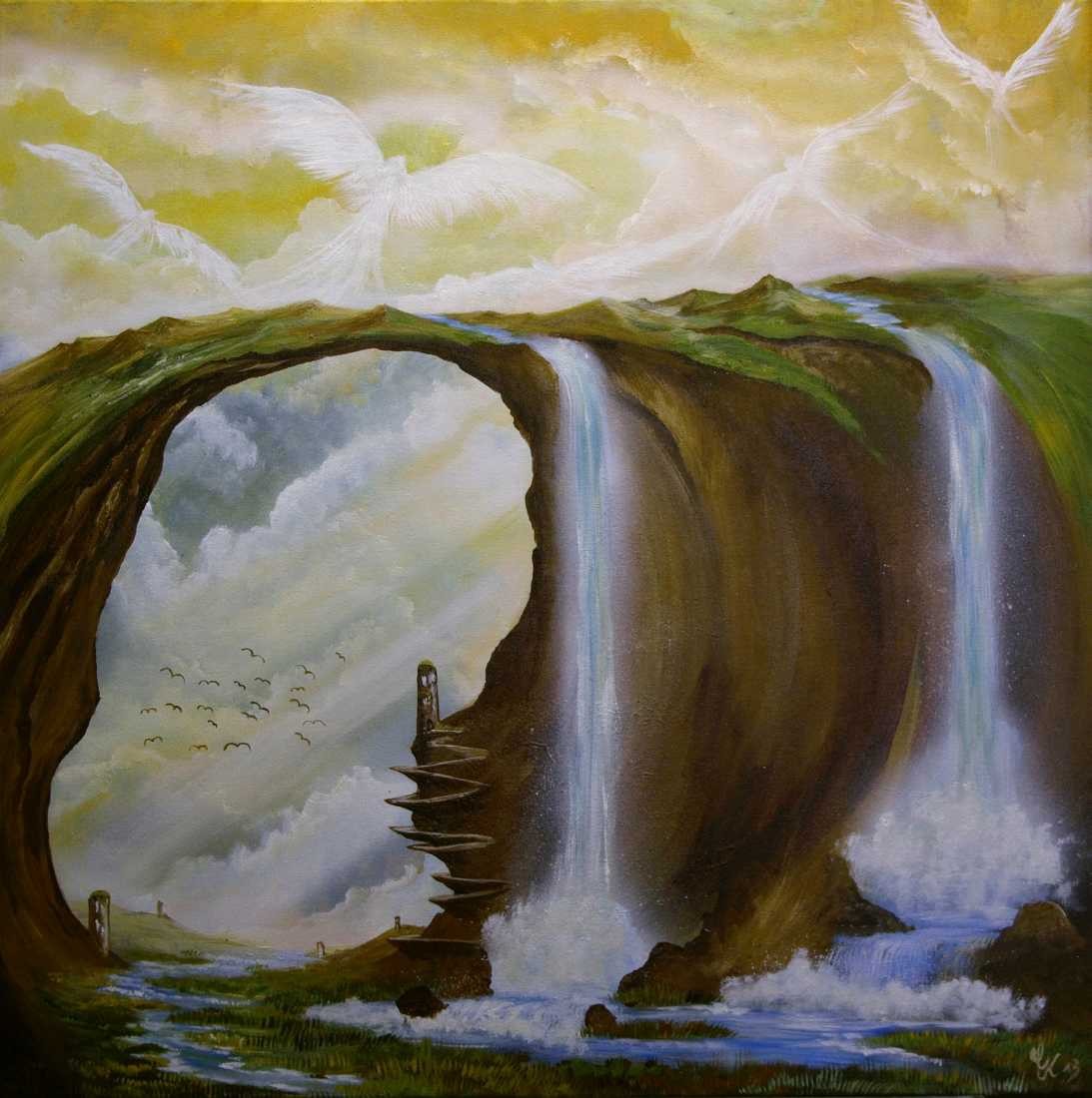 Conny Krakowski, Im Aufbruch (Surrealismus, Traum, Magie, Esoterik, Baum, Traumbaum,Lebensbaum,Geburt,Leben,Sterben,Wege, Lebensweg, Phantasie,Fantasie,Realismus,Malerei,Gemläde,detaiiert,Traumbild,Traumlandschaft,Landschaftsmalerei,Träumerei,Wasserfall,Berge,Wolken,)